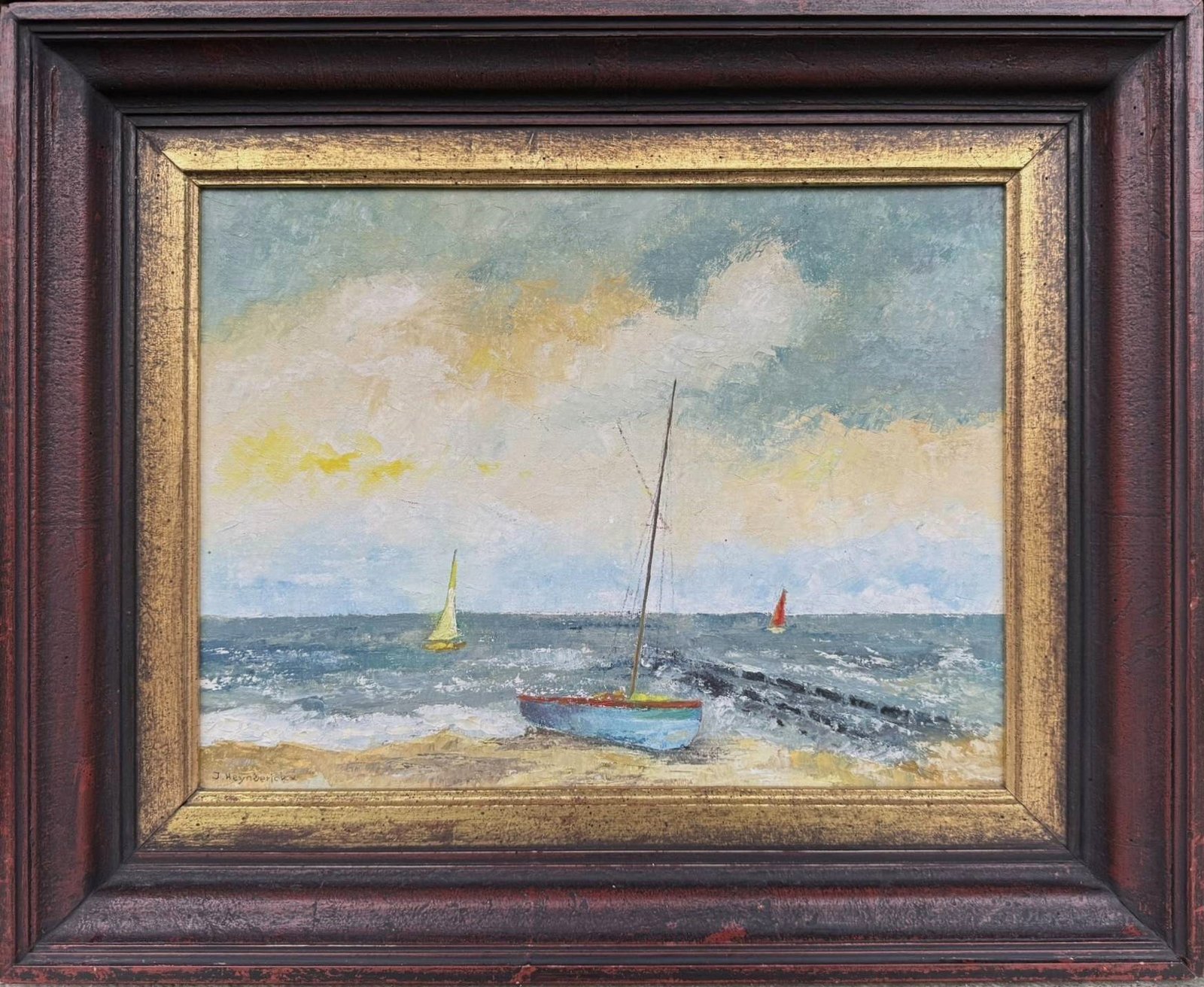 Vintage Nautical Oil Painting Sailboats North Sea Coast Impressionist Seascape Signed J. Heynderickx 